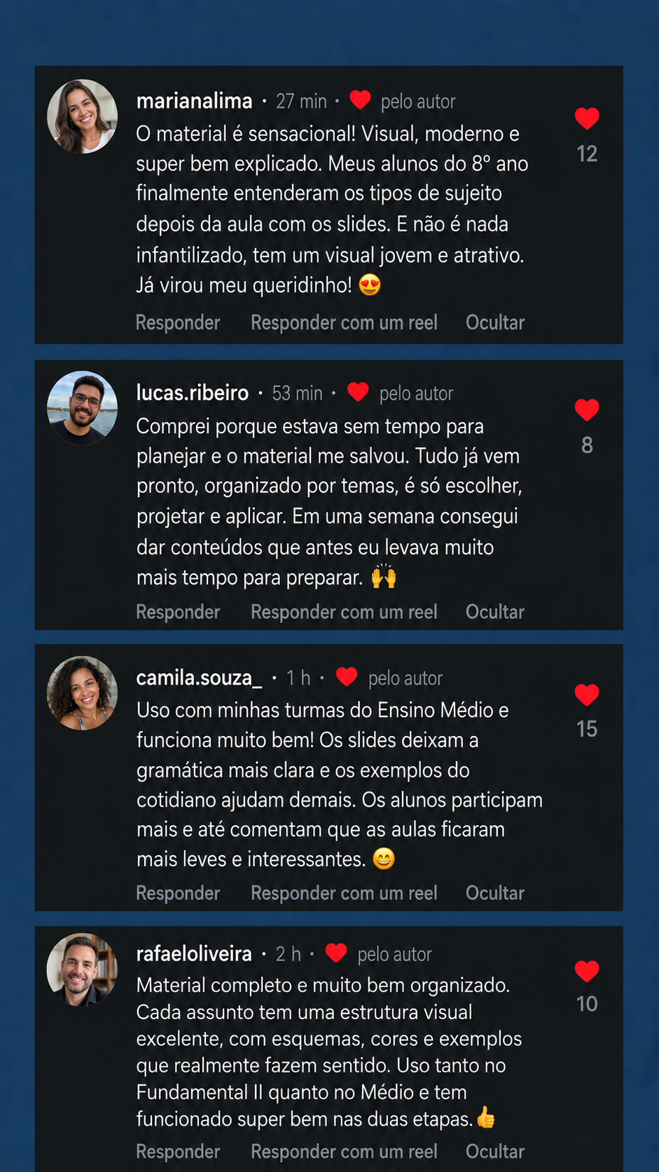 Comentários de professoras sobre o Gramática Visual em Slides