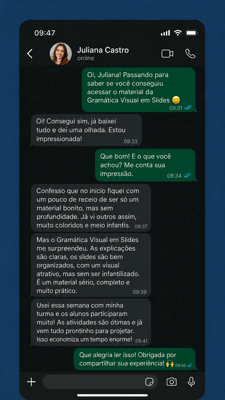 Conversa no WhatsApp com avaliação do Gramática Visual em Slides