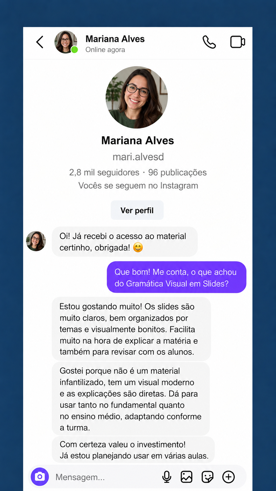 Depoimento em direct sobre o Gramática Visual em Slides